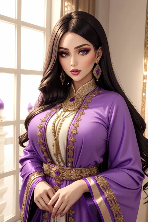 a portrait of a beautiful woman, edgCaftan, a woman in a purple robe , wearing edgCaftan, <lora:edgMoroccanCaftan:0.7>,
