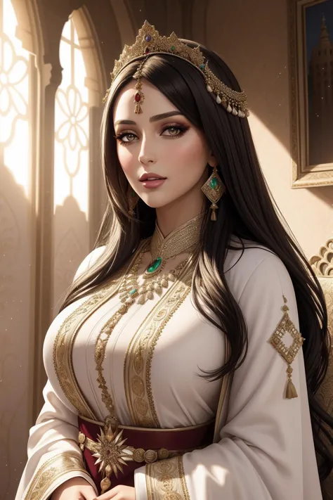 photorealistic, masterpiece, hdr, wallpaper, trending on artstation, a portrait of a beautiful woman, edgCaftan, a woman in a  r...