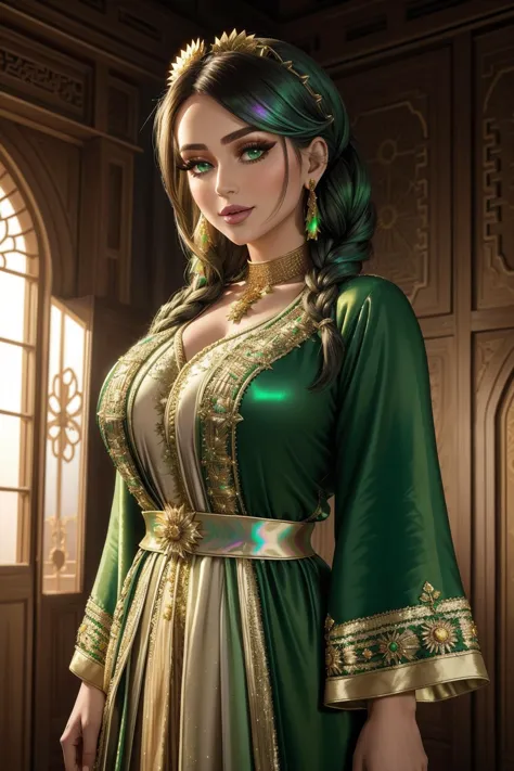 a portrait of a beautiful maid, post apocalyptic, edgCaftan, a woman in a green robe with golden embroidery, wearing edgCaftan, <lora:edgMoroccanCaftan:0.7>, happy, teasing, french braid, iridescent, sun rays,