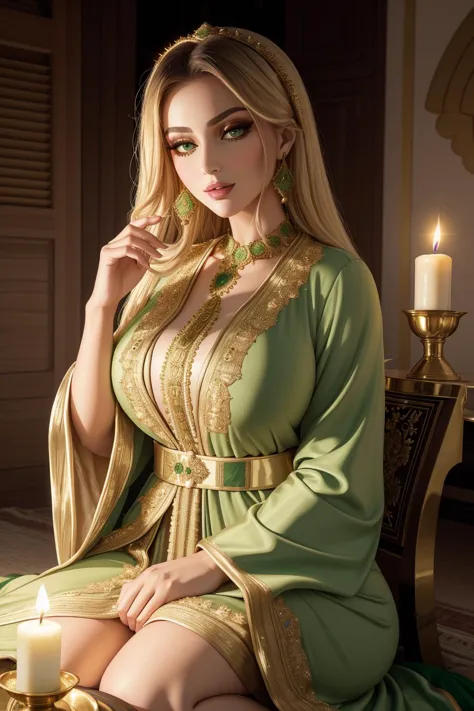 (masterpiece, clean, 8K, high res), a portrait of a beautiful woman, edgCaftan, a woman in a green robe with golden embroidery, wearing edgCaftan, <lora:edgMoroccanCaftan:0.7>, happy, candlelit, professional lighting,