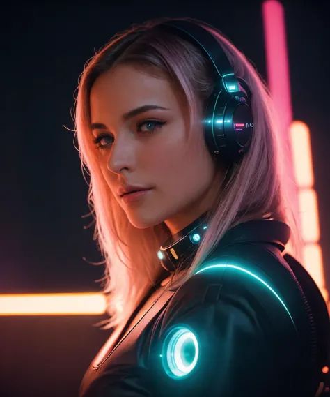 (sci-fi), futuristic rave party, rare light,  neon lights, glowing, (Porta 160 color, shot on ARRI ALEXA 65, bokeh, sharp focus on subject, shot by Don McCullin), 18 y.o. girl,  (hires:1.2), intricate, detailed, intricate, intricate angle, cinematic angle, rare light in hair,  <lora:edgNeonBabes:0.7>