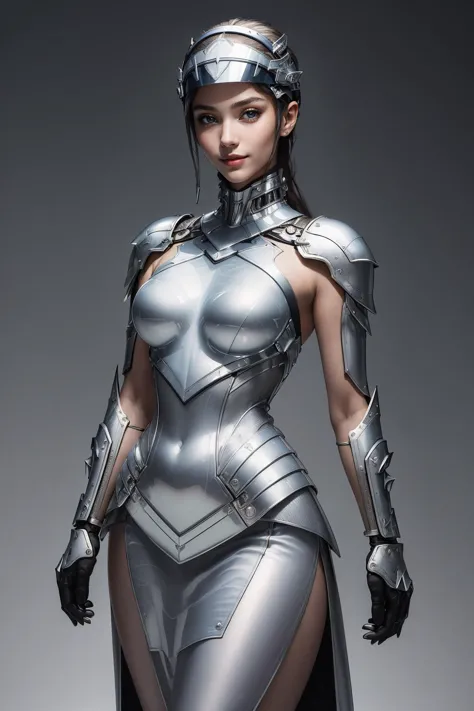 ((masterpiece,best quality,edgQuality)),(smile),1girl,solo,standing,posing,
edgFut_clothing, a woman in a silver dress with a vi...