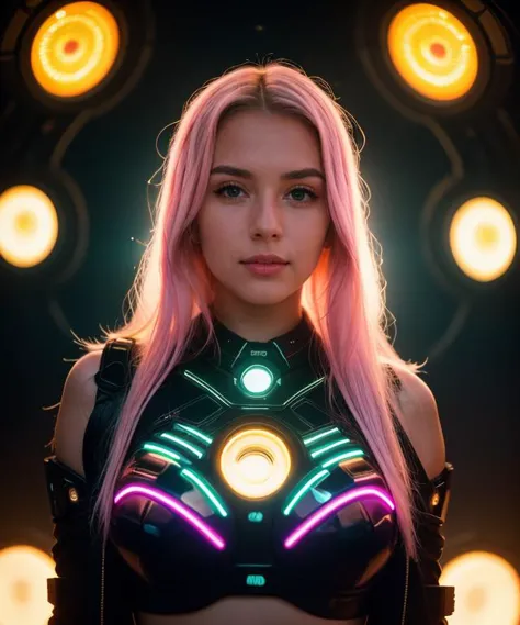 a woman with pink hair and neon lights in a black outfit