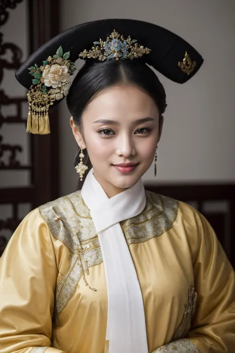 ((Masterpiece, best quality, edgQuality)),smile,
qingchao, a woman in a traditional chinese dress poses for a picture , woman we...