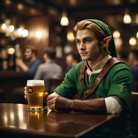 cinematic photo a man is link and having a beer in a pub <lora:Link1024:0.8> . 35mm photograph, film, bokeh, professional, 4k, highly detailed