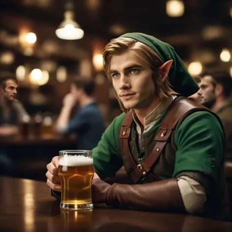 cinematic photo a man is link and having a beer in a pub <lora:Link1024:0.8> . 35mm photograph, film, bokeh, professional, 4k, highly detailed