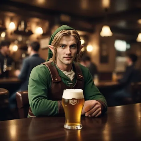 a close up of a person sitting at a table with a glass of beer