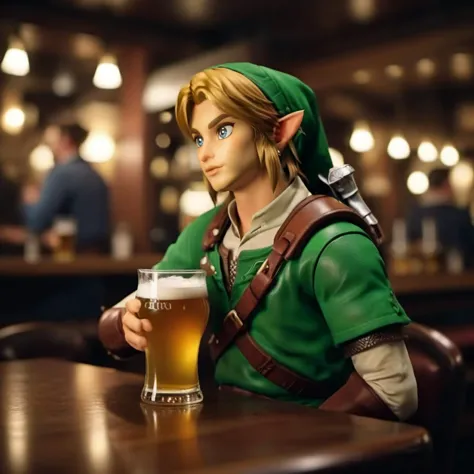 cinematic photo a full body link is drunk and having a beer in a pub <lora:Link1024:0.8> . 35mm photograph, film, bokeh, professional, 4k, highly detailed