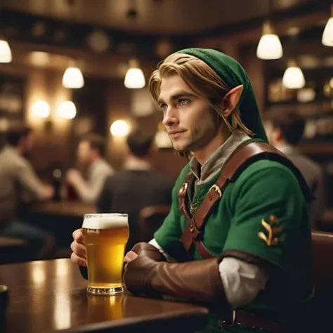 a close up of a person sitting at a table with a glass of beer