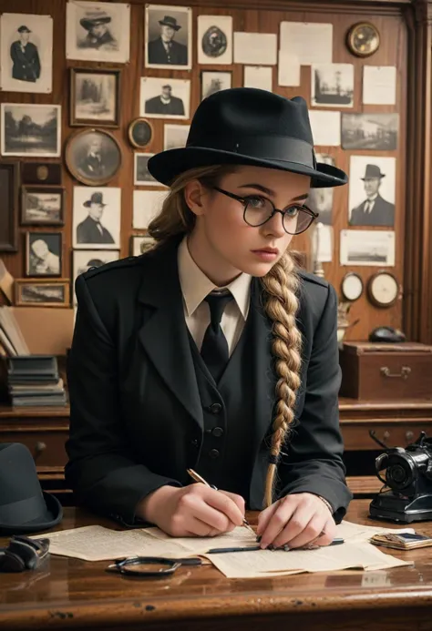 (medium full shot) of (methodical detective) young woman, voluptuous build, long dark double braids hair, swedish, fair skin, bl...