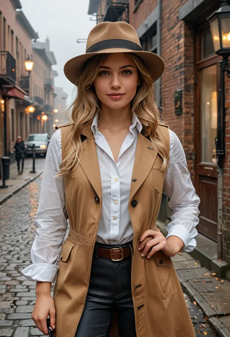 (medium full shot) of (vigilant detective) young woman, normal build, extra long blonde curtain bangs hair, spanish, tan skin, h...