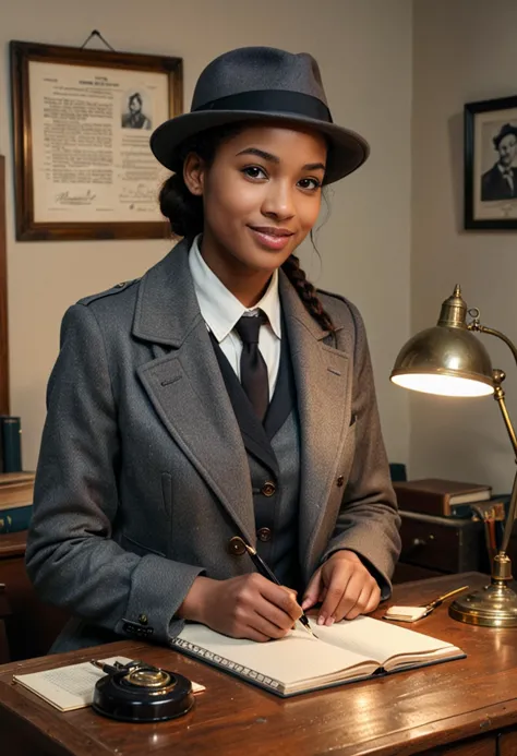 (medium full shot) of (observant detective) young woman, slender build, short dark single braid hair, african, dark skin, brown ...