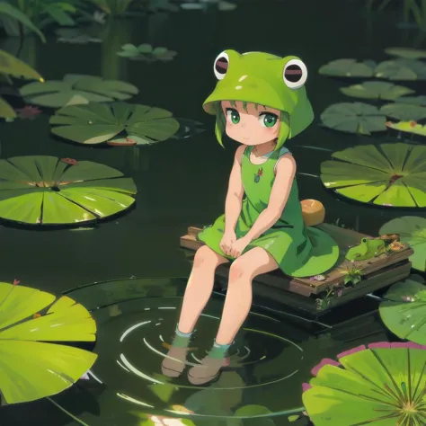 anime girl sitting on a dock with a frog hat on