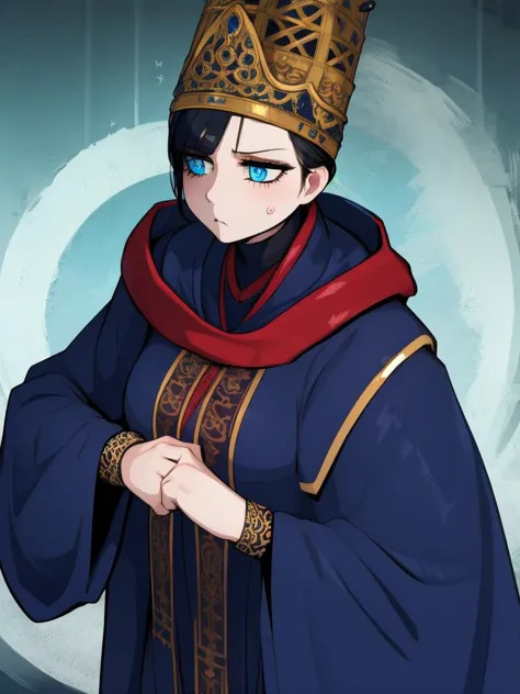 RAW photo, (high detailed skin, detailed eyes:1.1), intricate details, best quality, 8k uhd, 1girl, solo, Rennala, short black hair, blue eyes, ReDres,  jewelry, blue robe, long crown, long sleeves, wide sleeves, sad expression, tall woman <lora:Rennala:0.8>