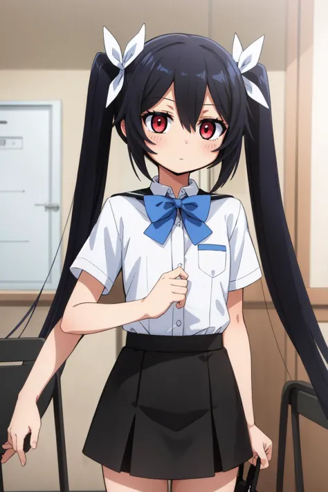 anime girl with long black hair and a bow tie