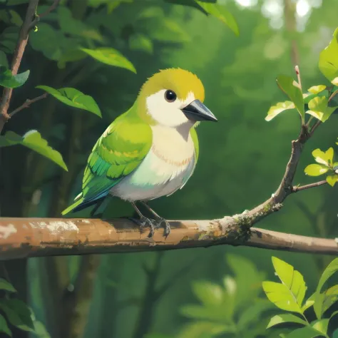 (best quality, masterpiece), forest background, cute, animal, small,  <lora:studioGhibliStyle_offset:0.6>, bird, sitting on a branch