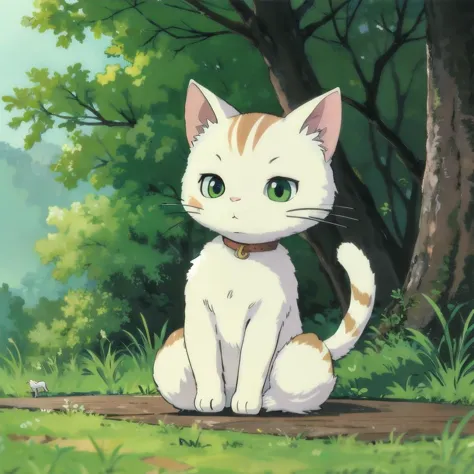 anime cat sitting on a log in the grass near a tree