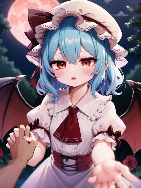 <lora:remilia è¾ç±³èäº:1> , insanely detailed, absurdres, ultra-highres, ultra-detailed, best quality, 1girl, mob cap, wings, ribbon, frilled shirt collar, short sleeves, blue hair, red eyes, ascot, pink dress, evil eyes, night, red moon, ribbon, slit pupils, traditional media, red theme, rose, outdoors, upper teeth, blush, pov hands, <lora:hotarueye_hosome1_v100    è¯±äººçç¼ç¥:0.3> <lora:handhold-left-v1 åæäºæäº¤å:1> <lora:hotarucontrast_å¯¹æ¯åº¦è°è:0.75>