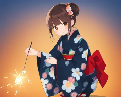 anime girl in kimono outfit holding sparkler and looking at something