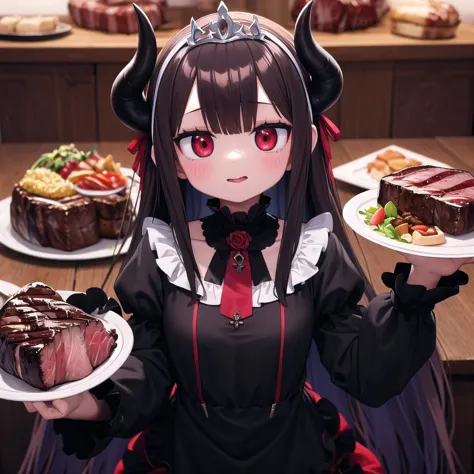 30,1girl,fantasy devil king black tiara black and red long layered frilled dress long sleeves,steak,food