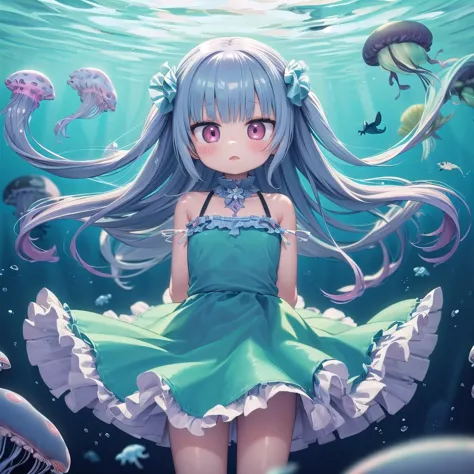 anime girl in a green dress surrounded by jellys and fish