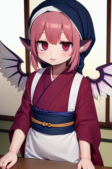 (animal_ears:1.2), (sash code:1.3), (white_tasuki wings:1.2), (okamisty:1.5), (mystia lorelei:1.2), lips, (maroon_kimono:1.4),  (dark blue headscarf:1.5), (indigo blue_apron:1.2), (pink hair:1.2), <lora:oka_mysty2:0.5>