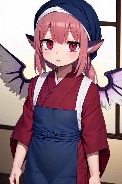 (animal_ears:1.2), (sash code:1.3), (white_tasuki wings:1.2), (okamisty:1.5), (mystia lorelei:1.2), lips, (maroon_kimono:1.4),  (dark blue headscarf:1.5), (indigo blue_apron:1.4), (pink hair:1.2), <lora:oka_mysty2:0.5>