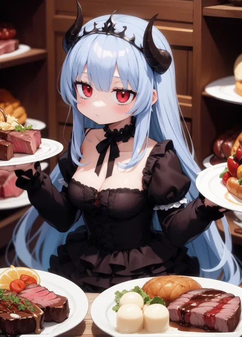 30,1girl,fantasy devil king black tiara black and red long layered frilled dress long sleeves,steak,food