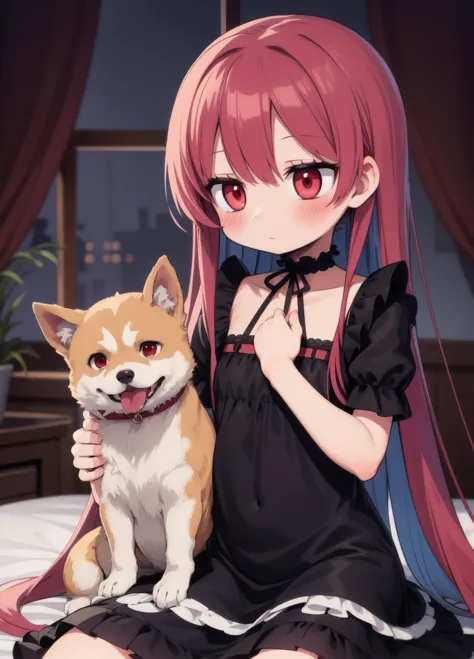 anime girl with long pink hair sitting on bed with a dog