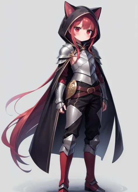 masterpiece, best quality, blush, looking away, full body <lora:add_detail:0.5>
1girl, solo, light skin, very long hair, red hair, small chest, red eyes,
 cat hood, armor, black cloak, pants, belt, shoulder armor, gauntlets, boots,