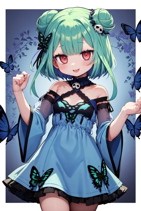 1girl, (masterpiece),(ultra-detailed),(best quality), (beautiful detailed shiny eyes), (highlight in eyes), (high saturation), (colorful), uruha rushia, grushia_blue, green hair, short hair, double bun, blue dress, short dress, butterfly, skull hair ornament, smile, (simple floral background:1.2), beautiful night sky, night view, blue butterfly, god light, <lora:rushia-05:1>