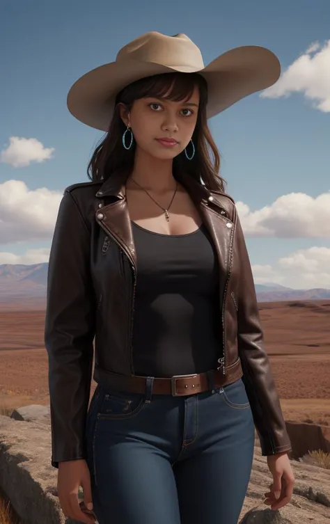 a woman in a cowboy hat and jeans standing on a rock