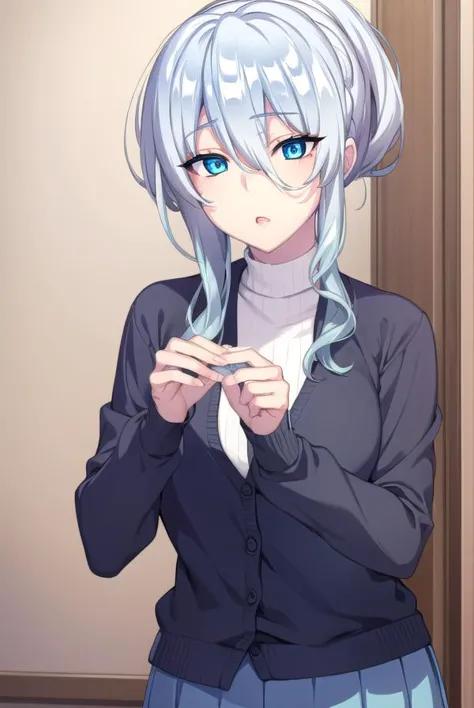 yukionayukino, <lora:yukionayukino-lora-nochekaiser:1>,
yuki ona yukino, long hair, bangs, blue eyes, hair between eyes, blue hair, ponytail,
BREAK skirt, long sleeves, black skirt, sweater, turtleneck, ribbed sweater, white sweater, cardigan, blue cardigan, open cardigan,
BREAK indoors, bed,
BREAK looking at viewer, (cowboy shot:1.5),
BREAK <lyco:GoodHands-beta2:1>, (masterpiece:1.2), best quality, high resolution, unity 8k wallpaper, (illustration:0.8), (beautiful detailed eyes:1.6), extremely detailed face, perfect lighting, extremely detailed CG, (perfect hands, perfect anatomy),