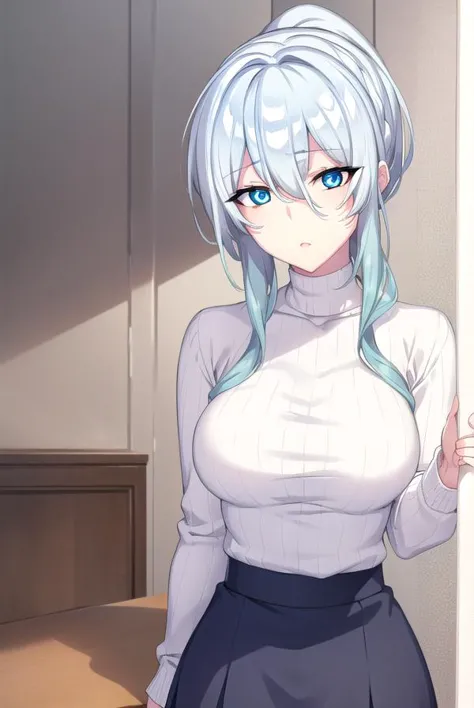 yukionayukino, <lora:yukionayukino-lora-nochekaiser:1>,
yuki ona yukino, long hair, bangs, blue eyes, hair between eyes, blue hair, ponytail,
BREAK skirt, long sleeves, black skirt, sweater, turtleneck, ribbed sweater, white sweater,
BREAK indoors, bed,
BREAK looking at viewer, (cowboy shot:1.5),
BREAK <lyco:GoodHands-beta2:1>, (masterpiece:1.2), best quality, high resolution, unity 8k wallpaper, (illustration:0.8), (beautiful detailed eyes:1.6), extremely detailed face, perfect lighting, extremely detailed CG, (perfect hands, perfect anatomy),