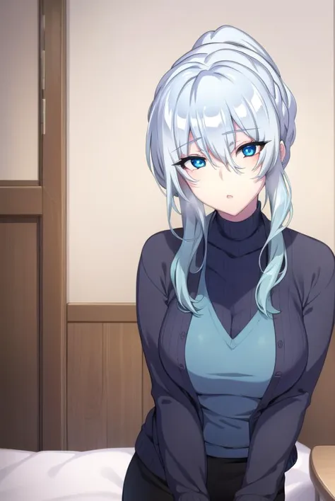 yukionayukino, <lora:yukionayukino-lora-nochekaiser:1>,
yuki ona yukino, long hair, bangs, blue eyes, hair between eyes, blue hair, ponytail,
BREAK skirt, long sleeves, black skirt, sweater, turtleneck, ribbed sweater, white sweater, cardigan, blue cardigan, open cardigan,
BREAK indoors, bed,
BREAK looking at viewer, (cowboy shot:1.5),
BREAK <lyco:GoodHands-beta2:1>, (masterpiece:1.2), best quality, high resolution, unity 8k wallpaper, (illustration:0.8), (beautiful detailed eyes:1.6), extremely detailed face, perfect lighting, extremely detailed CG, (perfect hands, perfect anatomy),