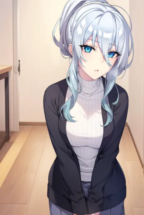 anime girl with blue eyes and white shirt standing in a room