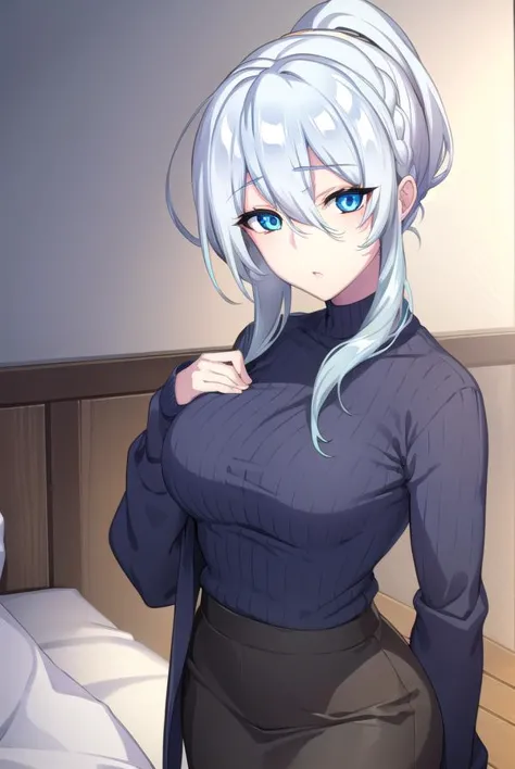 anime girl with white hair and blue eyes posing in a room