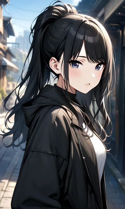 (masterpiece),(best quality),(ultra-detailed),(best illustration),(best shadow),(absurdres),(detailed background),(very aesthetic),  hiori kazano, 1girl, solo, black hair, mole under mouth, mole, blurry background, looking at viewer, blurry, long hair, bangs, ponytail, outdoors<lora:XL-HioriKazanov1:1>