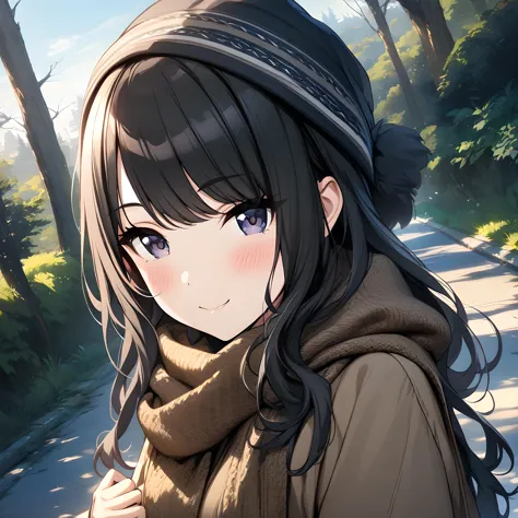 anime girl with long hair and a hat on walking down a path