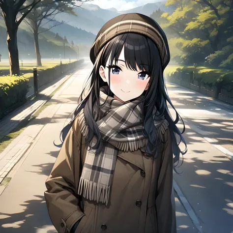 anime girl in a brown coat and scarf standing on a street