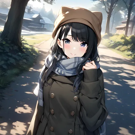 (masterpiece),(best quality),(ultra-detailed),(best illustration),(best shadow),(absurdres),(detailed background),(very aesthetic),  hiori kazano, 1girl, solo, tree, black hair, outdoors, looking at viewer, mole, hat, smile, scarf, blush, long hair <lora:XL-HioriKazanov1:1>