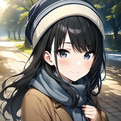 anime girl with long black hair wearing a hat and scarf