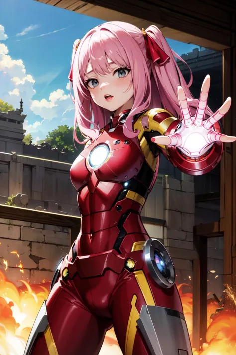 masterpiece, best quality, highres, bbyuni, pink hair, two side up, grey eyes, hair ribbon, <lora:yuni_(nikke)_v1:0.7>, iron man, fighting stance, ruins, standing, cowboy shot