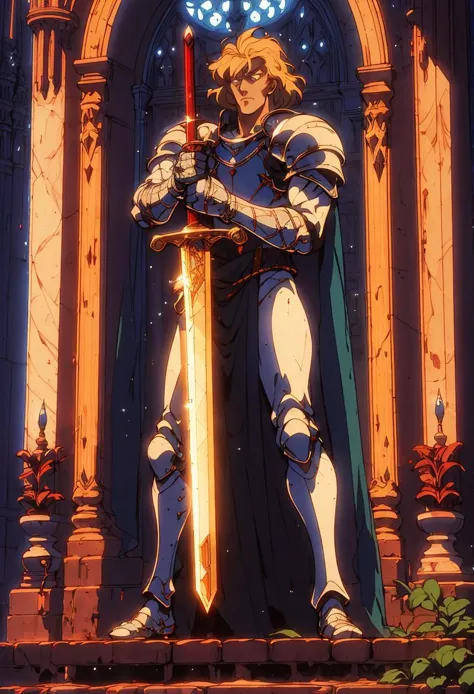 a knight holding a sword in a castle setting, symbolism,<lora:Retro_Anime-000002:.7> retro anime, <lora:Horror_Ink_Style-000008:...
