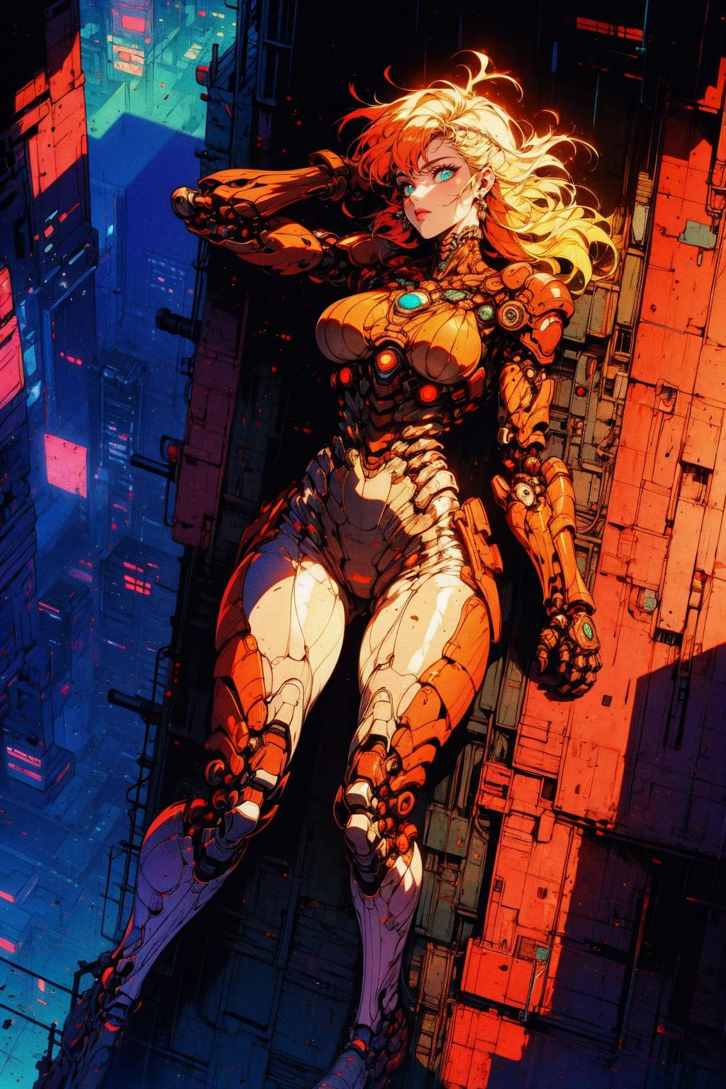 (masterpiece:1.4), (intricate:1.2), (detailed:1.2), (vibrant colors:1.2), BREAK,
(cyberpunk:1.0), (from above:1.2), BREAK,
(1girl:1.0), (biomechanical:1.1), (lying on the back:1.1), (hands behind head:1.0), (rooftop view:1.0), (cyberpunk city from above:1.3), (precipice:1.1)