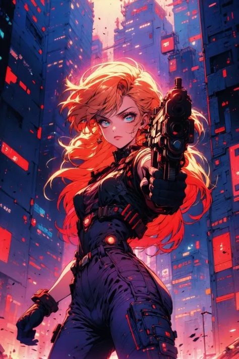 a woman in a black outfit holding a gun in a city