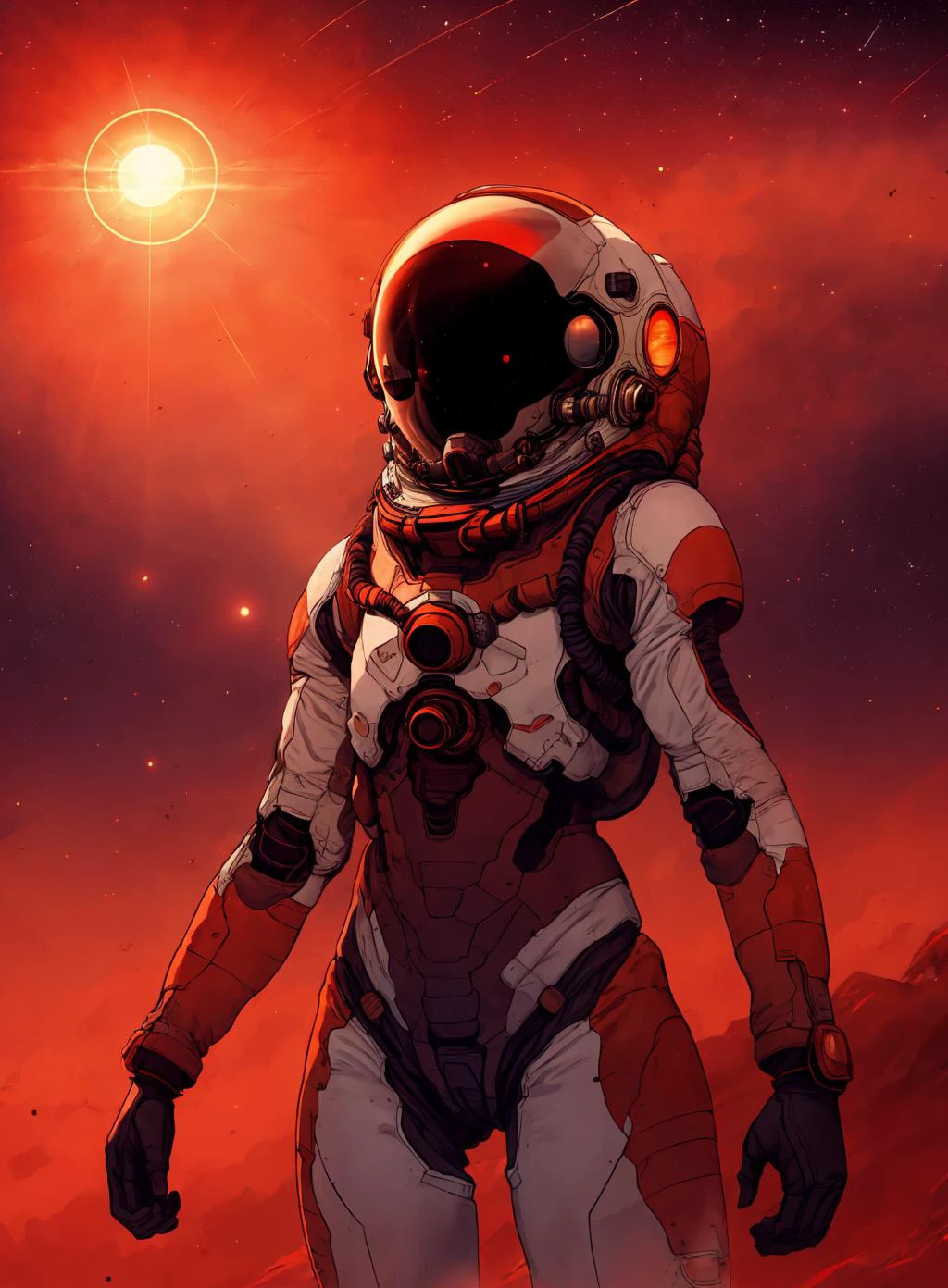 绘制一个地方,
火星, 太陽, 红色的天空, 宇航员远,
