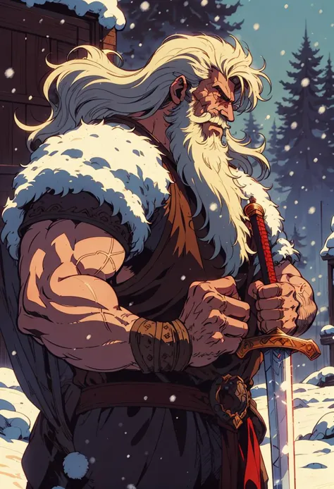 a man with a sword and a beard in the snow falling around him, epic fantasy character art, a comic book panel, fantasy art, <lor...