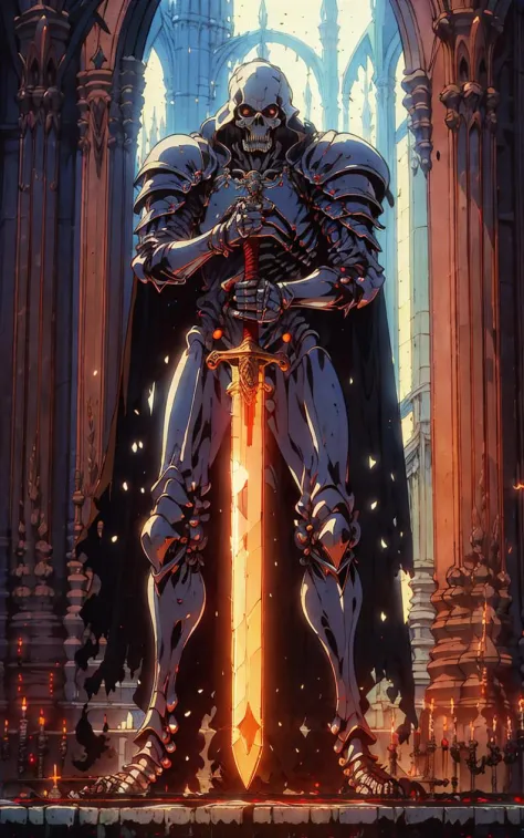 a skeleton knight holding a sword in a castle setting, symbolism, <lora:Retro_Anime-000006:.7> retro anime, textured