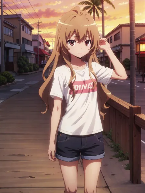 (best quality), highres, <lora:ToraDora:1> Taiga_Aisaka, teenage, short, petite, brown eyes, casual, beach, boardwalk, palm tree...